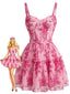 Rosa 50er Blumen-Minikleid in Korsett-Optik mit Rüschen