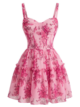 Rosa 50er Blumen-Minikleid in Korsett-Optik mit Rüschen