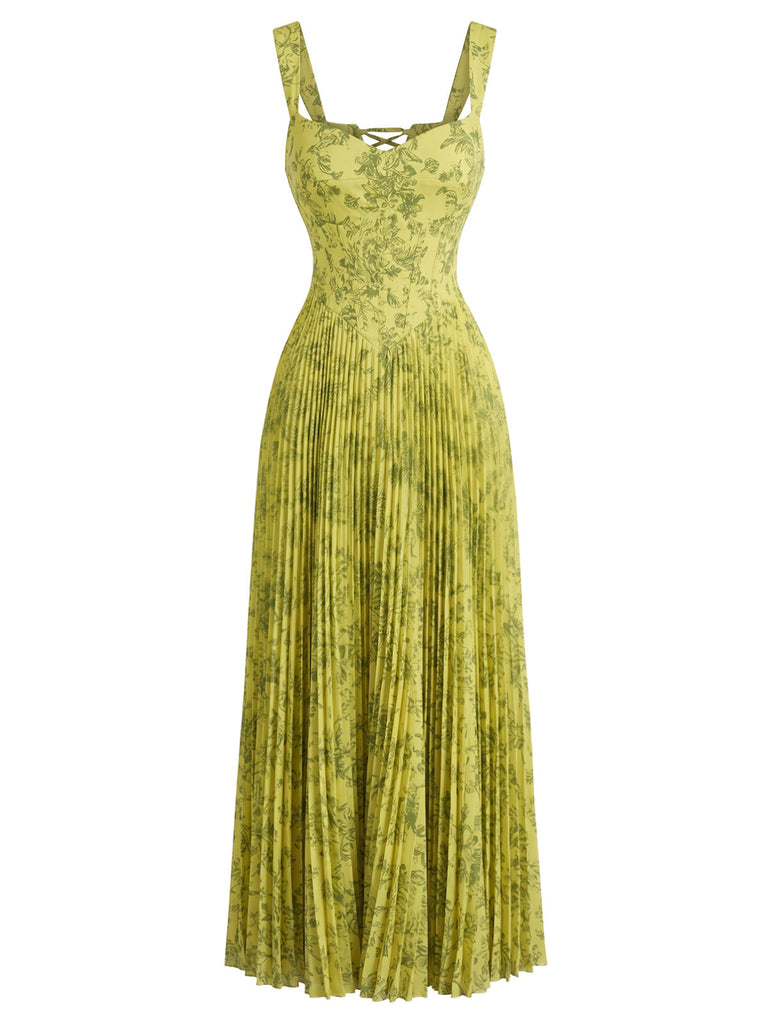 Grünes 30er Maxikleid mit Blumen und Schnürung