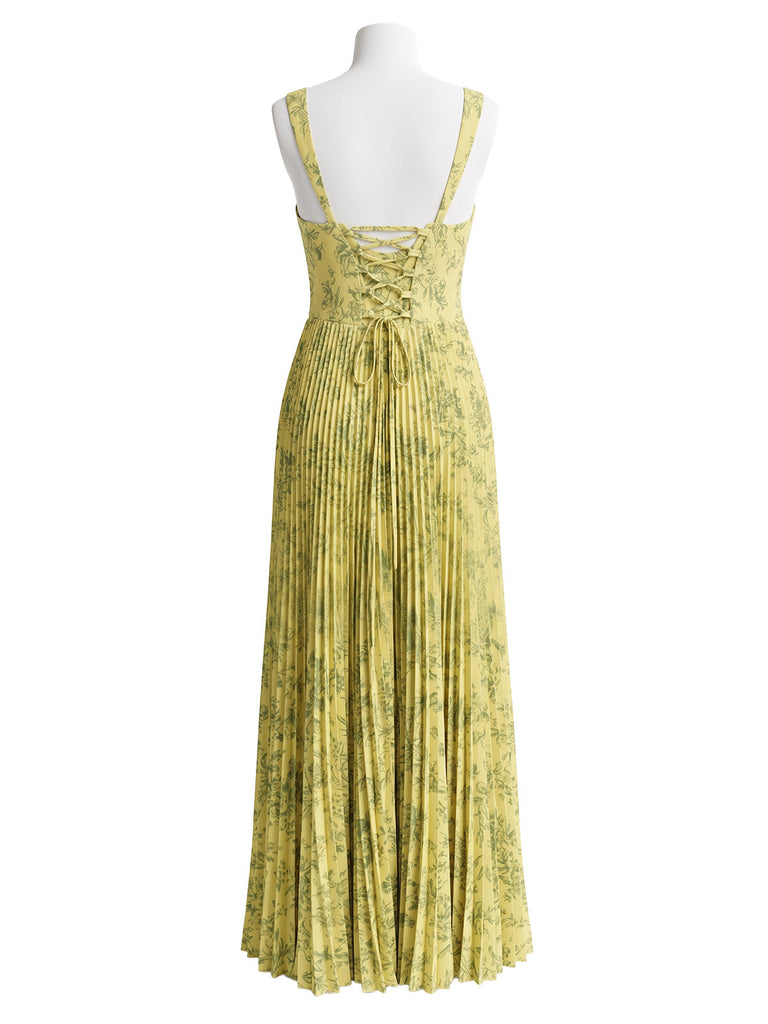 Grünes 30er Maxikleid mit Blumen und Schnürung