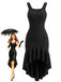 Schwarzes 30er Kleid mit Rundhalsausschnitt und High-Low-Rüschensaum