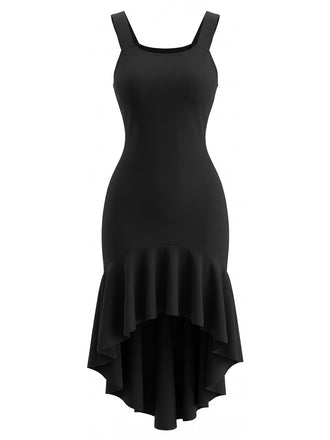 Schwarzes 30er Kleid mit Rundhalsausschnitt und High-Low-Rüschensaum