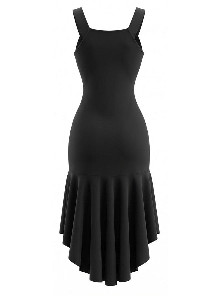 Schwarzes 30er Kleid mit Rundhalsausschnitt und High-Low-Rüschensaum