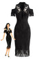 70er Bleistiftkleid mit Cold-Shoulder Fransen und Blumenstickerei