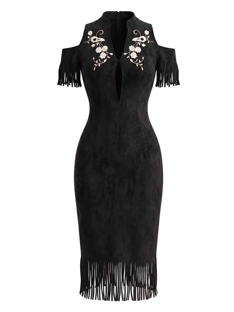 Schwarzes 70er Cold-Shoulder Bleistiftkleid mit Blumen und Stickerei