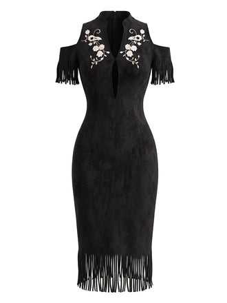 Schwarzes 70er Cold-Shoulder Bleistiftkleid mit Blumen und Stickerei