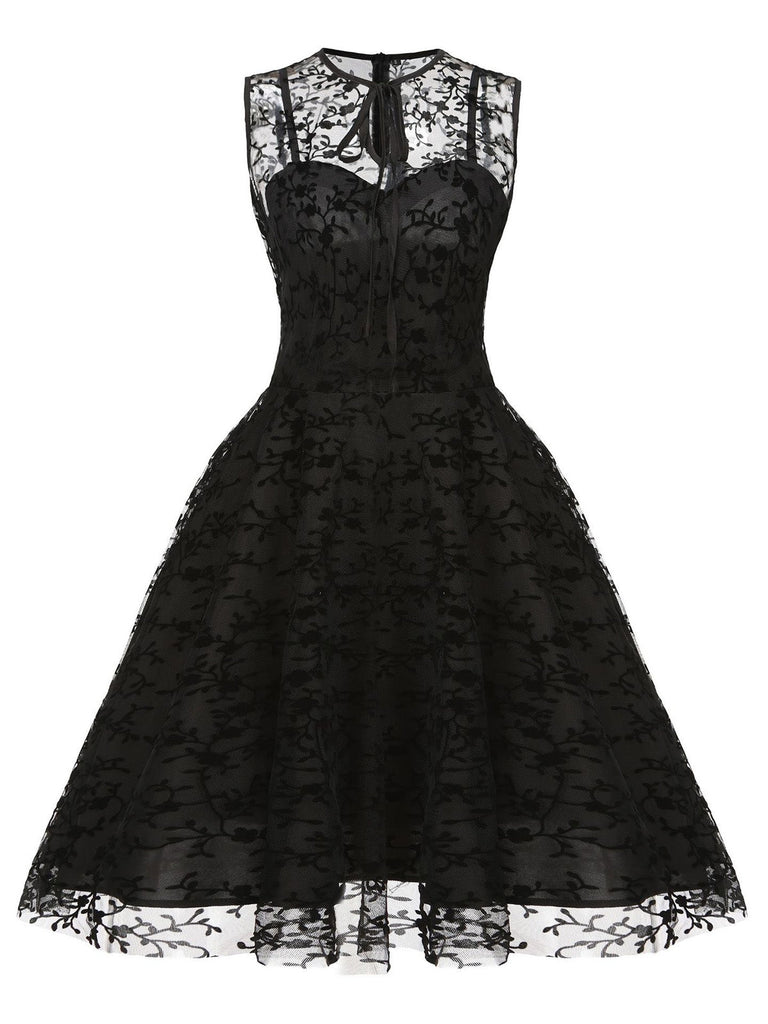50er ärmelloses Mesh-Kleid mit floralem Flockprint und Schlüsselloch-Ausschnitt