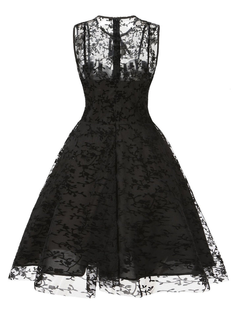 50er ärmelloses Mesh-Kleid mit floralem Flockprint und Schlüsselloch-Ausschnitt