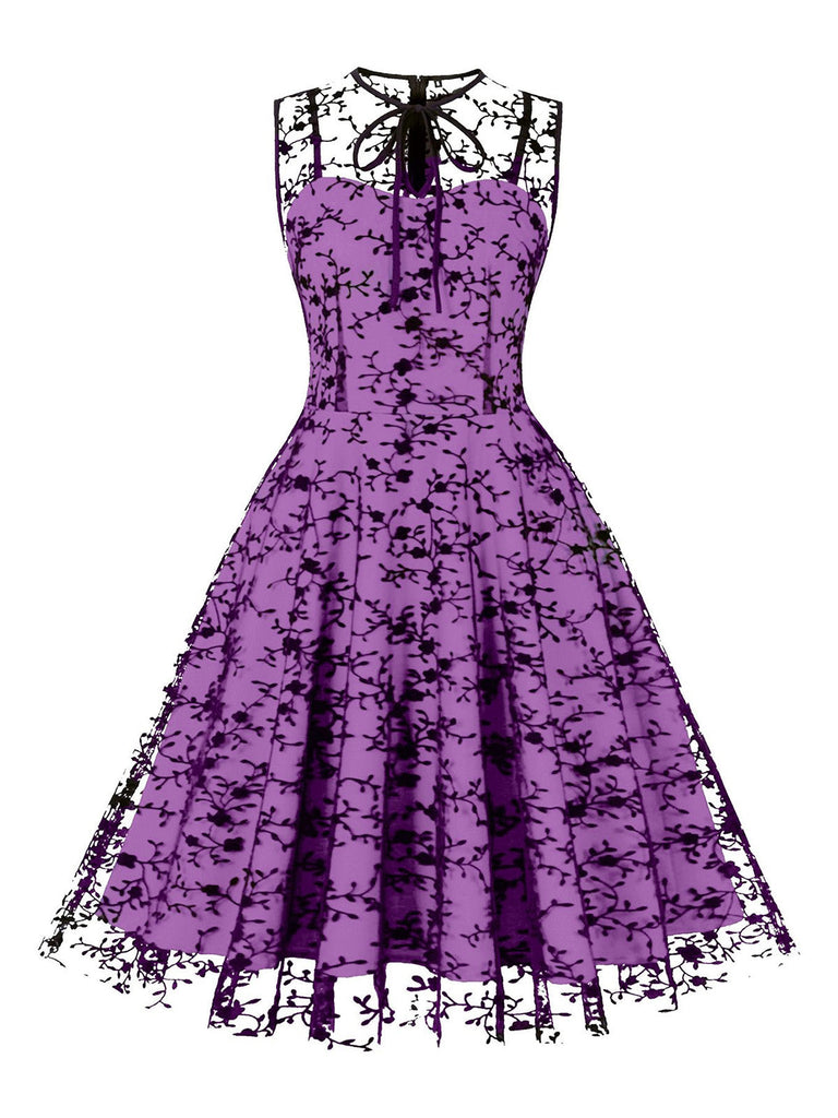 50er ärmelloses Mesh-Kleid mit floralem Flockprint und Schlüsselloch-Ausschnitt