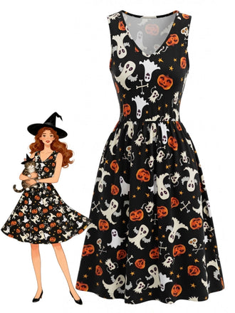 Schwarzes 40er Halloween Kleid mit Geist- und Kürbis-Print