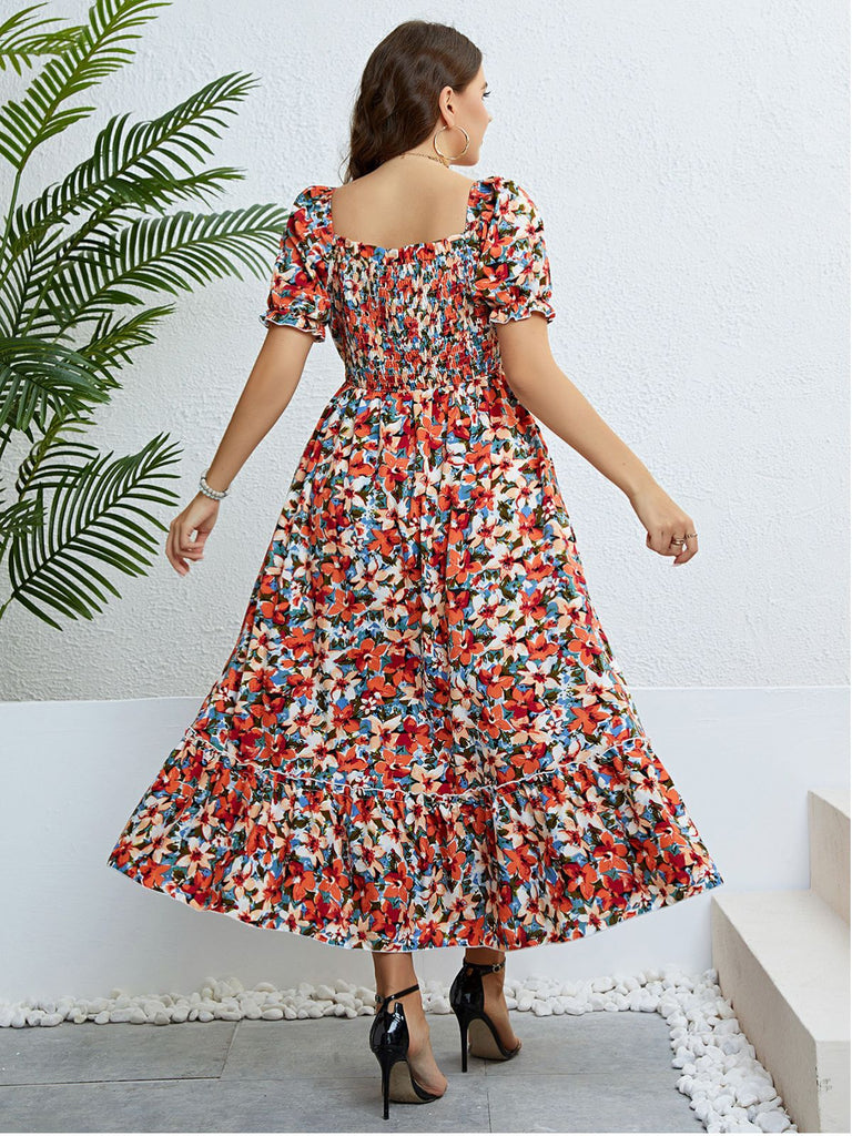 [Übergröße] 40er Kleid mit Blumen-Print und Rüschen