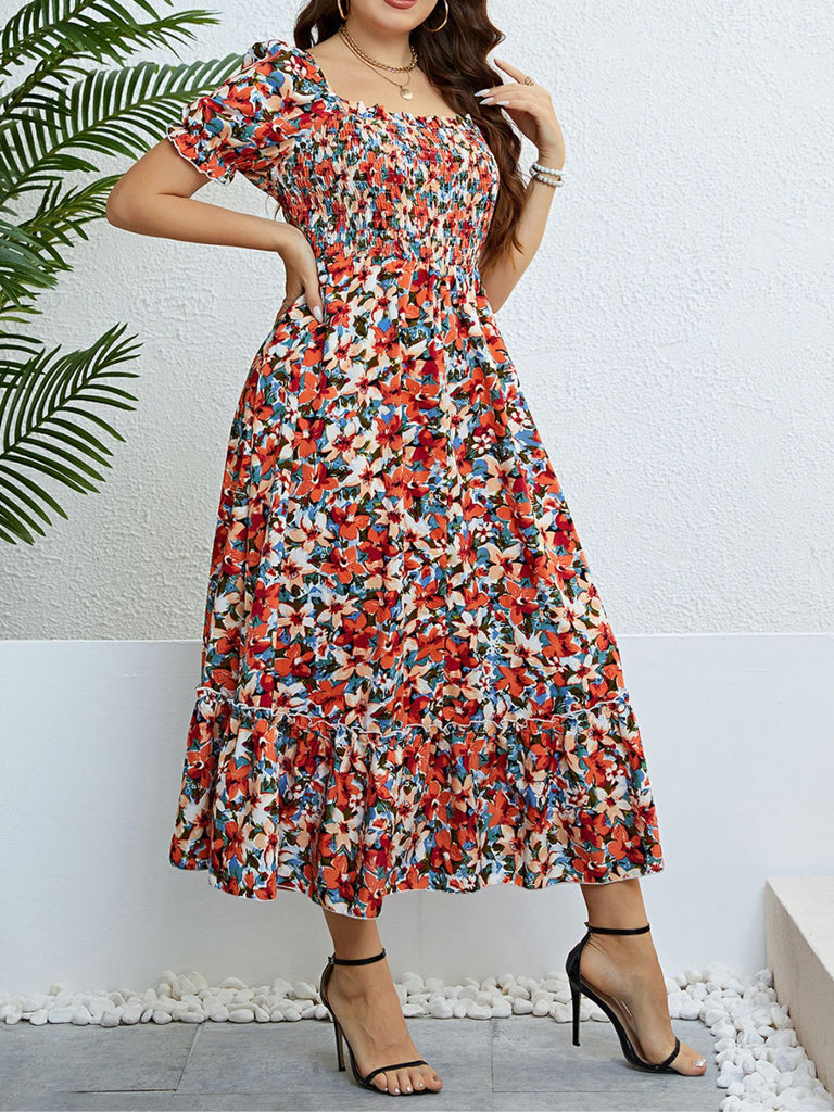 [Übergröße] 40er Kleid mit Blumen-Print und Rüschen