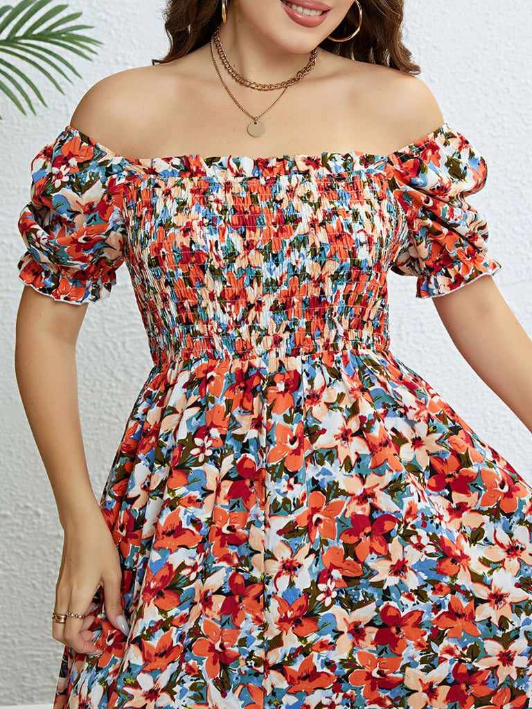 [Übergröße] 40er Kleid mit Blumen-Print und Rüschen
