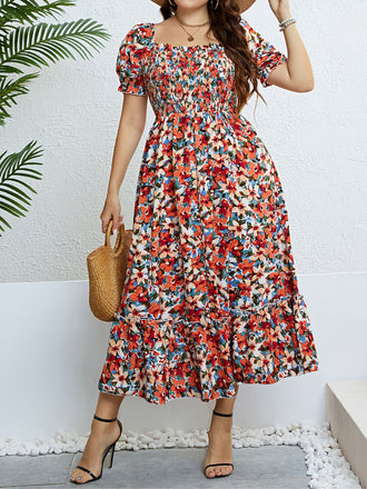 [Übergröße] 40er Kleid mit Blumen-Print und Rüschen