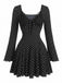 Schwarzes 60er Rippkleid mit Spitzen-V-Ausschnitt und Glockenärmeln