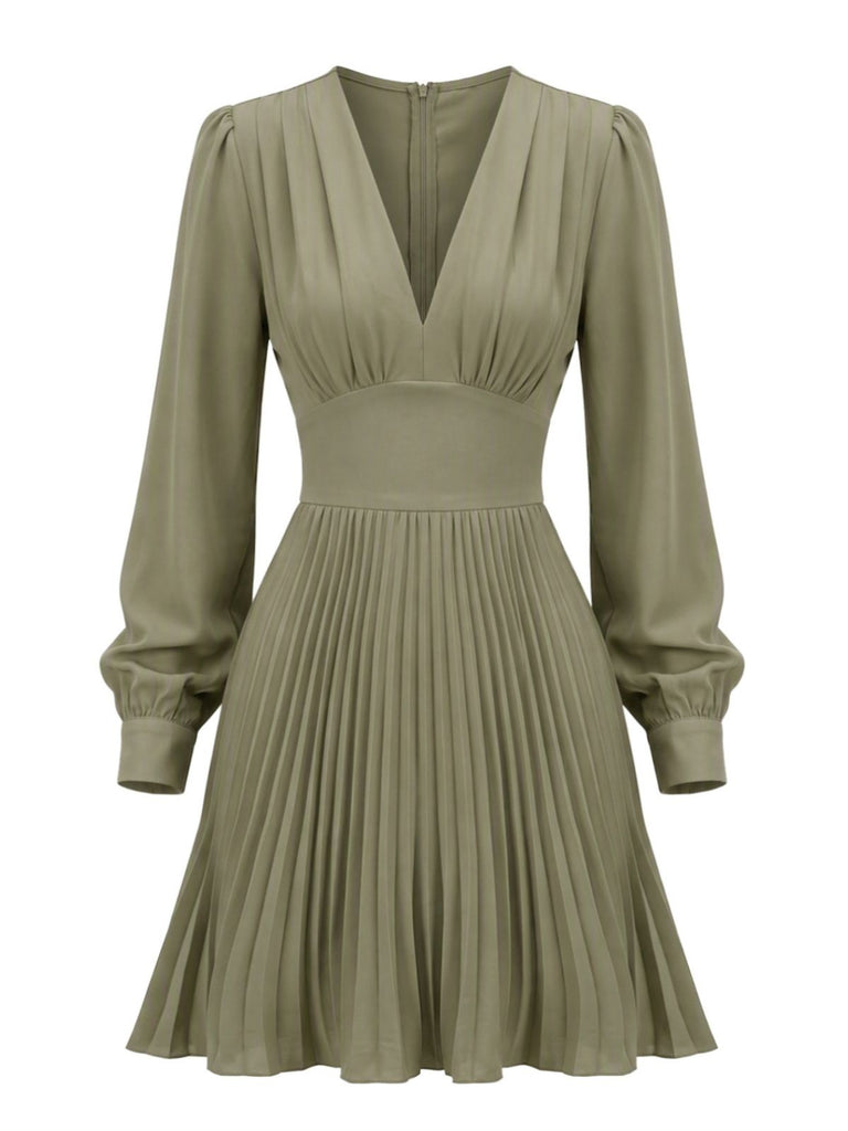 Grünes 50er Kleid mit V-Ausschnitt und Ballonärmel
