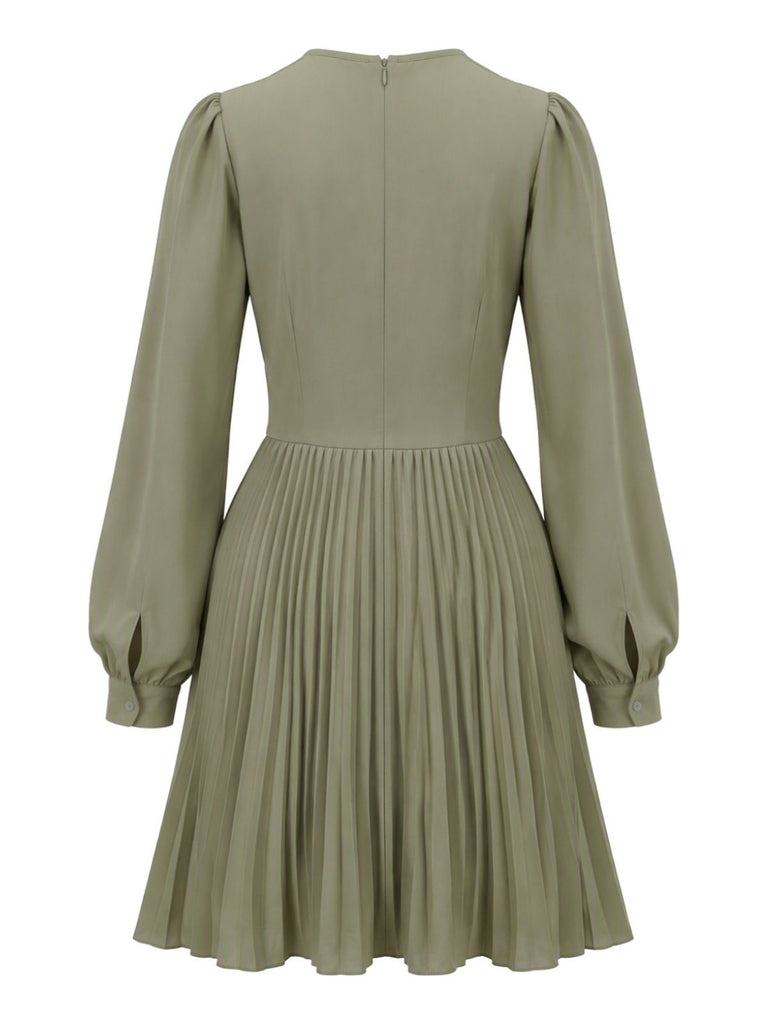Grünes 50er Kleid mit V-Ausschnitt und Ballonärmel