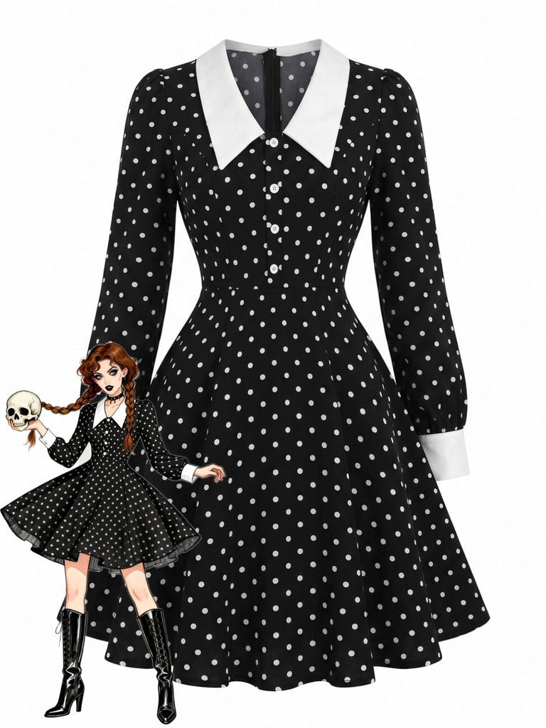 Schwarzes 50er Polka-Dot-Kleid mit Chelsea-Kragen und Langarm