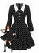 Schwarzes 50er Polka-Dot-Kleid mit Chelsea-Kragen und Langarm