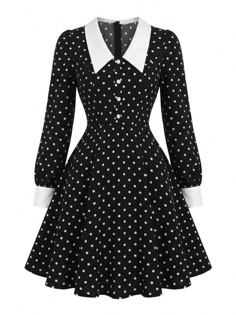 Schwarzes 50er Polka-Dot-Kleid mit Chelsea-Kragen und Langarm