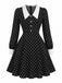 Schwarzes 50er Polka-Dot-Kleid mit Chelsea-Kragen und Langarm