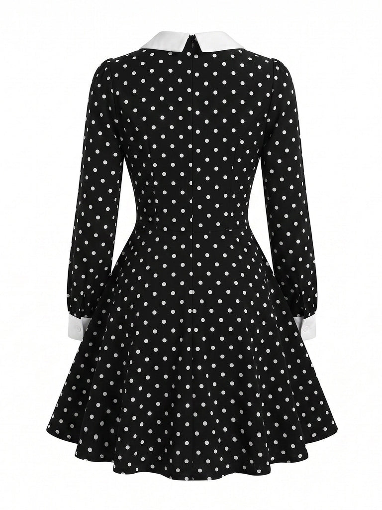 Schwarzes 50er Polka-Dot-Kleid mit Chelsea-Kragen und Langarm