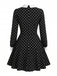 Schwarzes 50er Polka-Dot-Kleid mit Chelsea-Kragen und Langarm