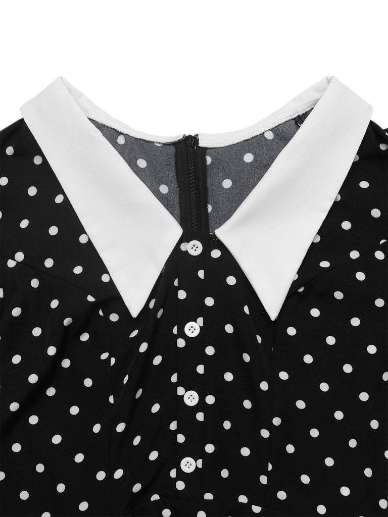 Schwarzes 50er Polka-Dot-Kleid mit Chelsea-Kragen und Langarm