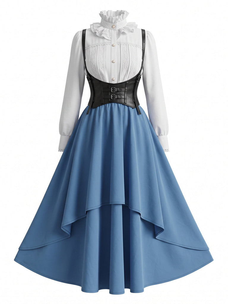 50er viktorianisches Gothic-Kostümset mit Bluse, Korsett und Rock