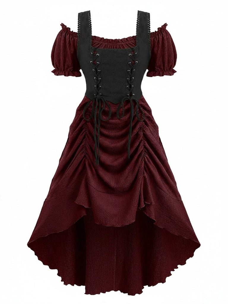 Weinrotes 80er viktorianisches Gothic-Kleid mit Schnürung
