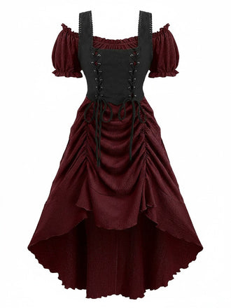 Weinrotes 80er viktorianisches Gothic-Kleid mit Schnürung