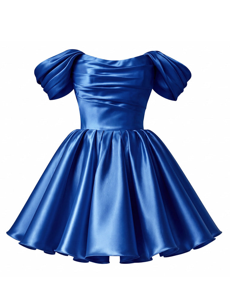 Blaues 50er Satin-Minikleid mit Puffärmel und Prinzessin