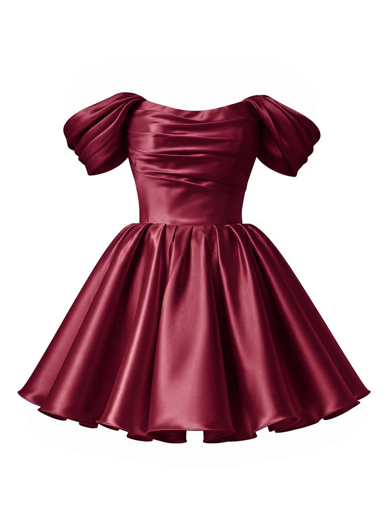 Blaues 50er Satin-Minikleid mit Puffärmel und Prinzessin
