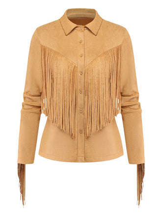 Khakifarbene 70er Wildleder-Westernjacke mit Fransen und Revers