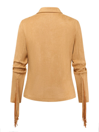 Khakifarbene 70er Wildleder-Westernjacke mit Fransen und Revers