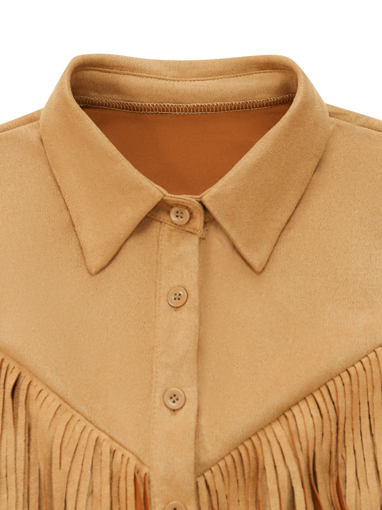 Khakifarbene 70er Wildleder-Westernjacke mit Fransen und Revers