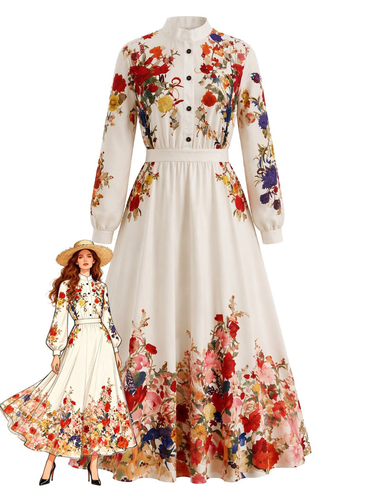 Beiges 70er Blumen-Maxikleid mit Stehkragen und Ballonärmeln