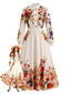 Beiges 70er Blumen-Maxikleid mit Stehkragen und Ballonärmeln