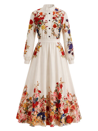 Beiges 70er Blumen-Maxikleid mit Stehkragen und Ballonärmeln