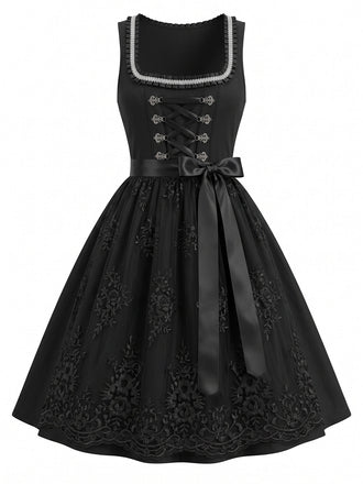 Schwarzes 50er Kleid mit Eckiger Ausschnitt und Blumen