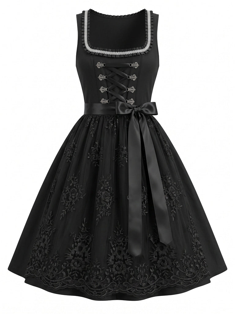 Schwarzes Oktoberfest Dirndl-Set mit Mesh und bestickter Schürze