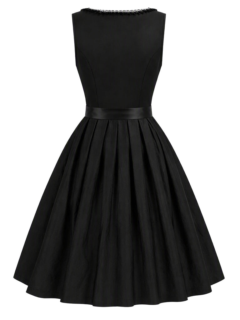 Schwarzes 50er Kleid mit Eckiger Ausschnitt und Blumen