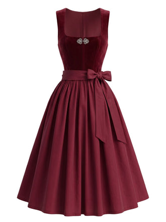 Burgunderrotes 50er Oktoberfest-Dirndl-Set mit Samtkleid und Schürze