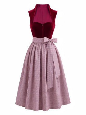 Burgunderrotes & Weißes 50er Kleid mit Herzausschnitt und Samt