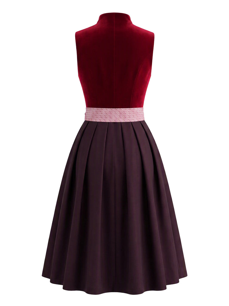 Burgunderrotes & Weißes 50er Kleid mit Herzausschnitt und Samt