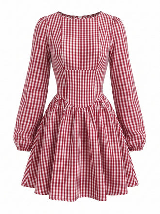 Rotes 60er Vichykarokleid mit Empire-Taille, offenem Rücken und Schleife