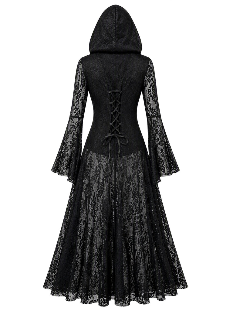 Schwarzes 80er Gothic Kapuzen-Maxikleid mit Spitze und Glockenärmeln