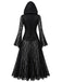 Schwarzes 80er Gothic Kapuzen-Maxikleid mit Spitze und Glockenärmeln