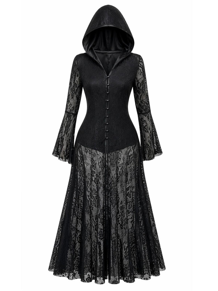 Schwarzes 80er Gothic Kapuzen-Maxikleid mit Spitze und Glockenärmeln