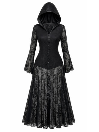 Schwarzes 80er Gothic Kapuzen-Maxikleid mit Spitze und Glockenärmeln
